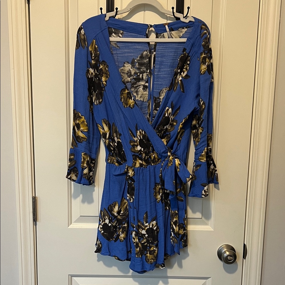 Free People Blue Floral Wrap Romper